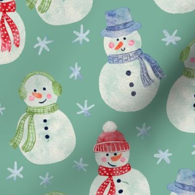 Watercolor Snowmen with Snowflakes Green