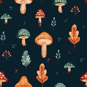 Cute watercolor forest fall mushrooms