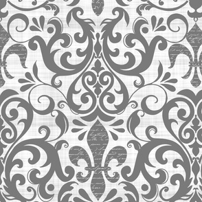 Pastel Fleur de Lis Damask Pattern French Linen Style With Script Grey And White  Medium Scale