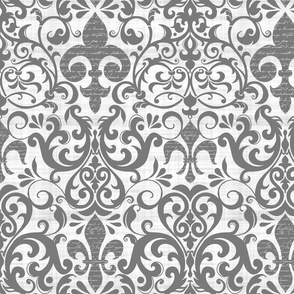 Pastel Fleur de Lis Damask Pattern French Linen Style With Script Grey And White  Smaller Scale