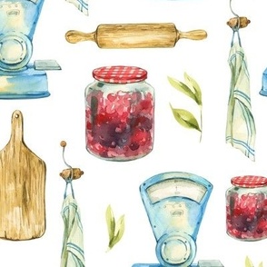 Watercolor vintage kitchen utensils. Cooking objects on white