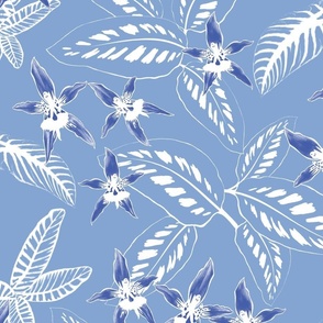 Denim Tropical Leaves White on Faded French 150