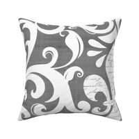 Pastel Fleur de Lis Damask Pattern French Linen Style With Script White And Grey Large Scale