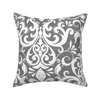Pastel Fleur de Lis Damask Pattern French Linen Style With Script White And Grey Medium Scale