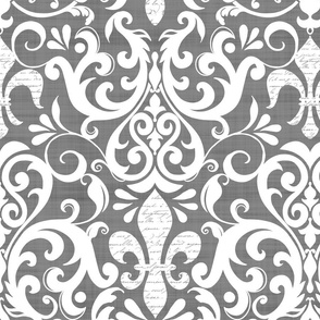 Pastel Fleur de Lis Damask Pattern French Linen Style With Script White And Grey Medium Scale