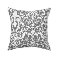 Pastel Fleur de Lis Damask Pattern French Linen Style With Script White And Grey Smaller Scale