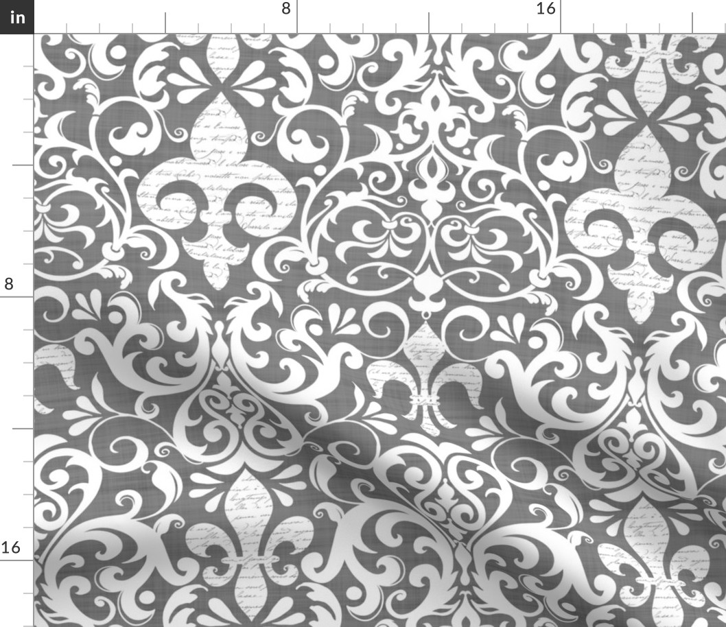Pastel Fleur de Lis Damask Pattern French Linen Style With Script White And Grey Smaller Scale