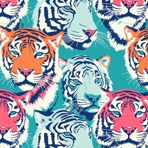Beautiful tiger heads wildlife pink orange blue