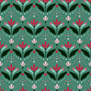 Christmas Abstract Floral Motif - Crimson Green Pink - Sage BG