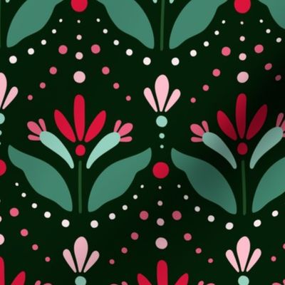 Christmas Abstract Floral Motif - Crimson Green Pink - Dark Green BG