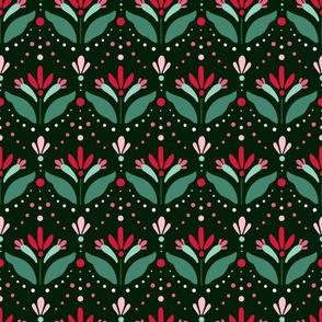 Christmas Abstract Floral Motif - Crimson Green Pink - Dark Green BG