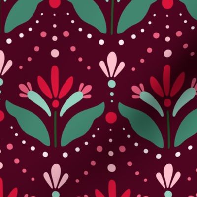Christmas Abstract Floral Motif - Crimson Green Pink - Dark Crimson BG