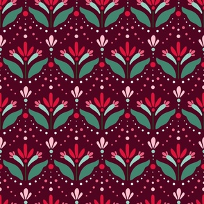 Christmas Abstract Floral Motif - Crimson Green Pink - Dark Crimson BG