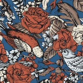 Vintage victorian rose and birds, dark botanica