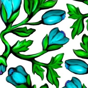 Turquoise Blue Tulips and Acanthus Leaves Damask
