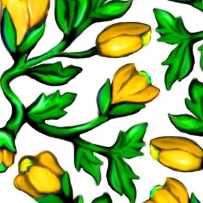 Yellow Tulips and Acanthus Leaves Damask