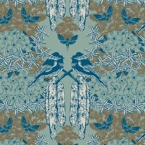 Country meadow birds in blue. Large scale