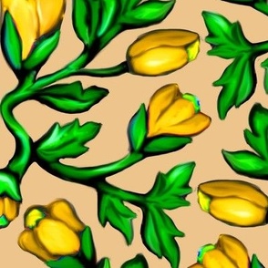 Yellow Tulips and Acanthus Leaves Damask on Peach