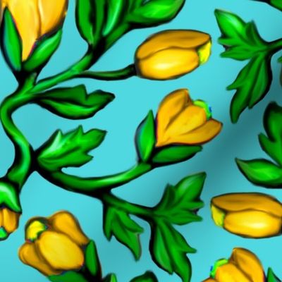 Yellow Tulips and Acanthus Leaves Damask on Blue