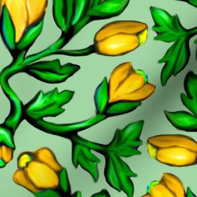 Yellow Tulips and Acanthus Leaves Damask on Green