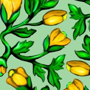 Yellow Tulips and Acanthus Leaves Damask on Green