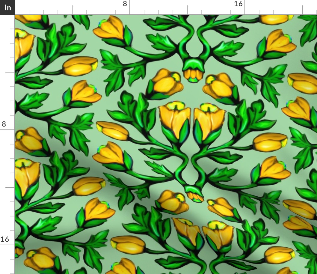 Yellow Tulips and Acanthus Leaves Damask on Green