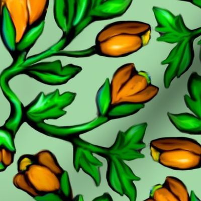 Orange Tulips and Acanthus Leaves Damask on Green