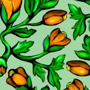 Orange Tulips and Acanthus Leaves Damask on Green