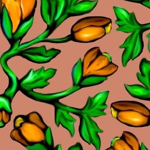 Orange Tulips and Acanthus Leaves Damask on Dark Peach