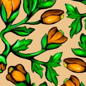 Orange Tulips and Acanthus Leaves Damask on Peach