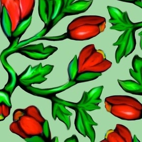 Red Tulips and Acanthus Leaves Damask on Green