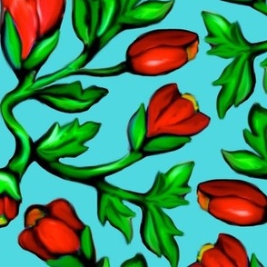 Red Tulips and Acanthus Leaves Damask on Blue