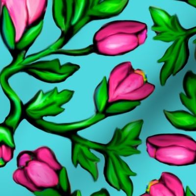 Pink Tulips and Acanthus Leaves Damask on Blue