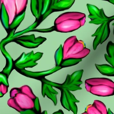 Pink Tulips and Acanthus Leaves Damask on Green