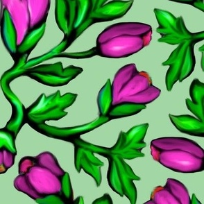 Purple Tulips and Acanthus Leaves Damask on Green