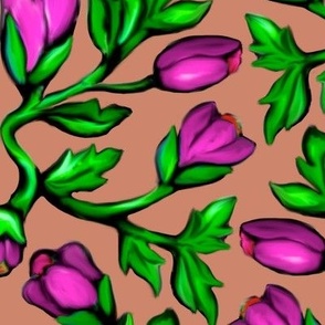 Purple Tulips and Acanthus Leaves Damask on Dark Peach