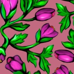Purple Tulips and Acanthus Leaves Damask on Dusty Rose
