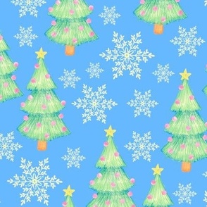 Coloful green and pink Christmas trees and snowflakes on blue background