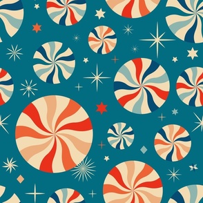 Retro Christmas Peppermint Candies on Blue, Large Scale