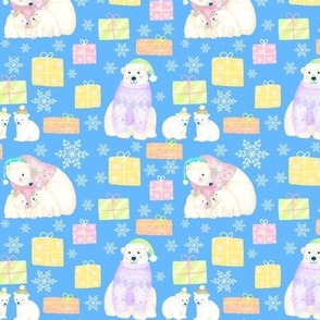Christmas polar bears wearing jumpers with gifts on blue background