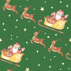 Santa Claus with Sleigh and Reindeer on Green, Christmas Pattern, Large Scale