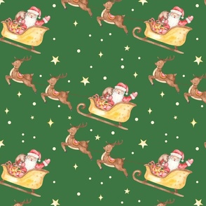 Santa Claus with Sleigh and Reindeer on Green, Christmas Pattern, Medium Scale