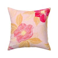 Modern pink and red Christmas rose hellebore on textured linen pink marshmallow