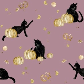 pink black cats and gold pumpkins / halloween