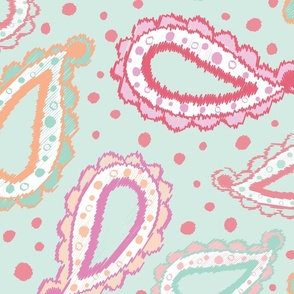 Paisley Ikat in Pink, Mint, Peach Orange. Peach Fuzz Pantone Color of the Year Inspired
