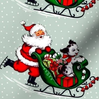 Merry Christmas ice skating Santa Claus snow winter sleigh presents gifts dogs puppies grey mint red white  vintage retro kitsch xmas