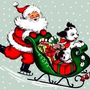 Merry Christmas ice skating Santa Claus snow winter sleigh presents gifts dogs puppies grey mint red white  vintage retro kitsch xmas