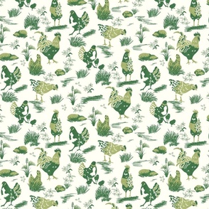 Chicken Toile- French Country Farm- Roosters Hen and Chicks on Pasture- Forest Green Moss on Ivory- Regular Scale