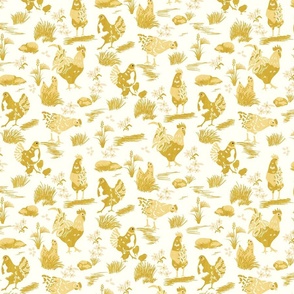 Chicken Toile- French Country Farm- Roosters Hen and Chicks on Pasture- Gold Yellow Maize on Ivory- Regular Scale