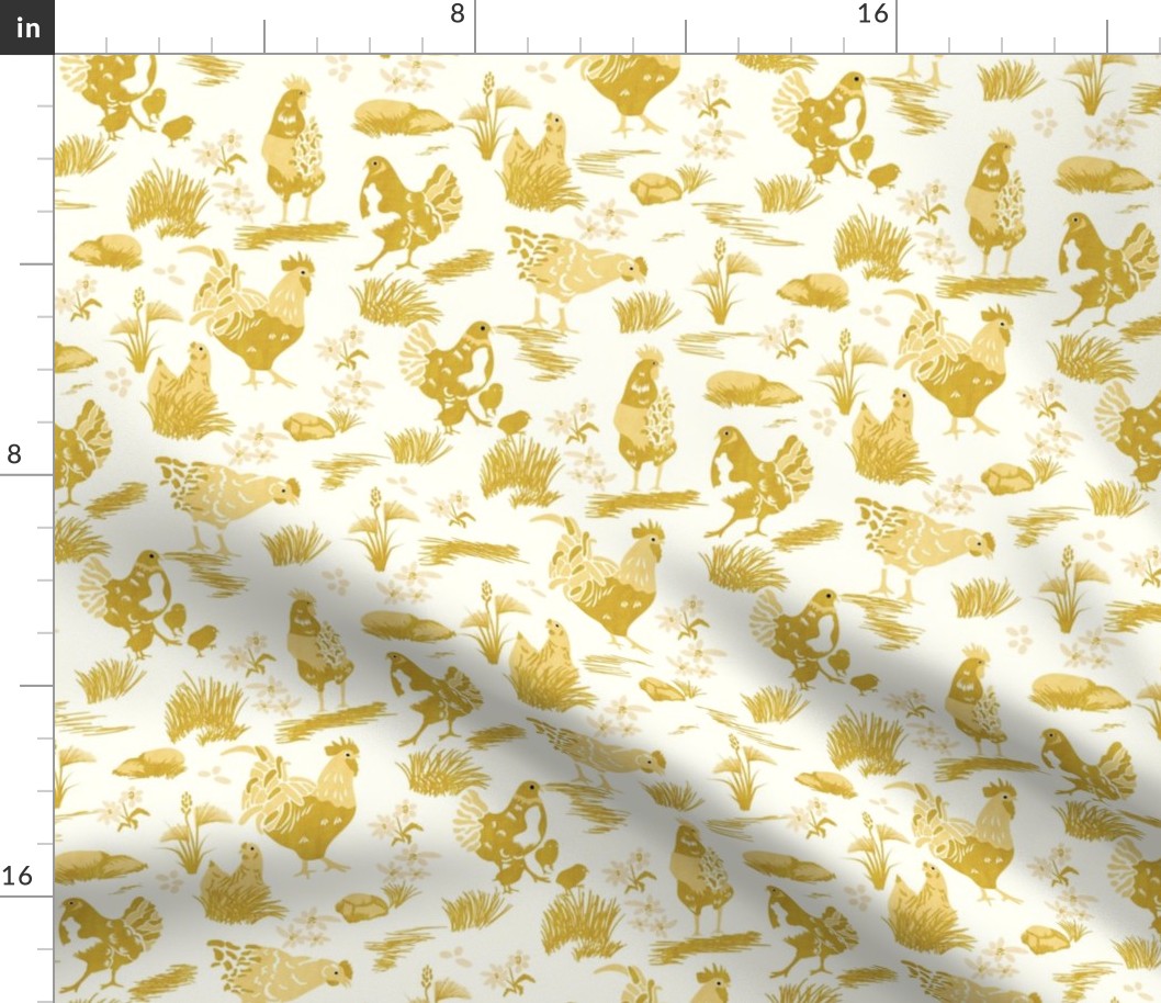 Chicken Toile- French Country Farm- Roosters Hen and Chicks on Pasture- Gold Yellow Maize on Ivory- Regular Scale